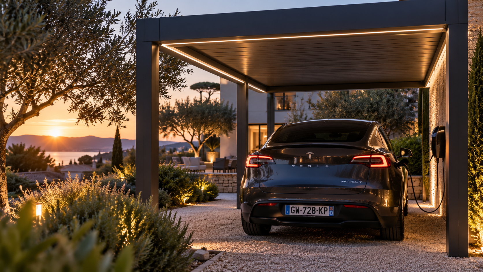 Carport aluminium dans un jardin au soleil couchant