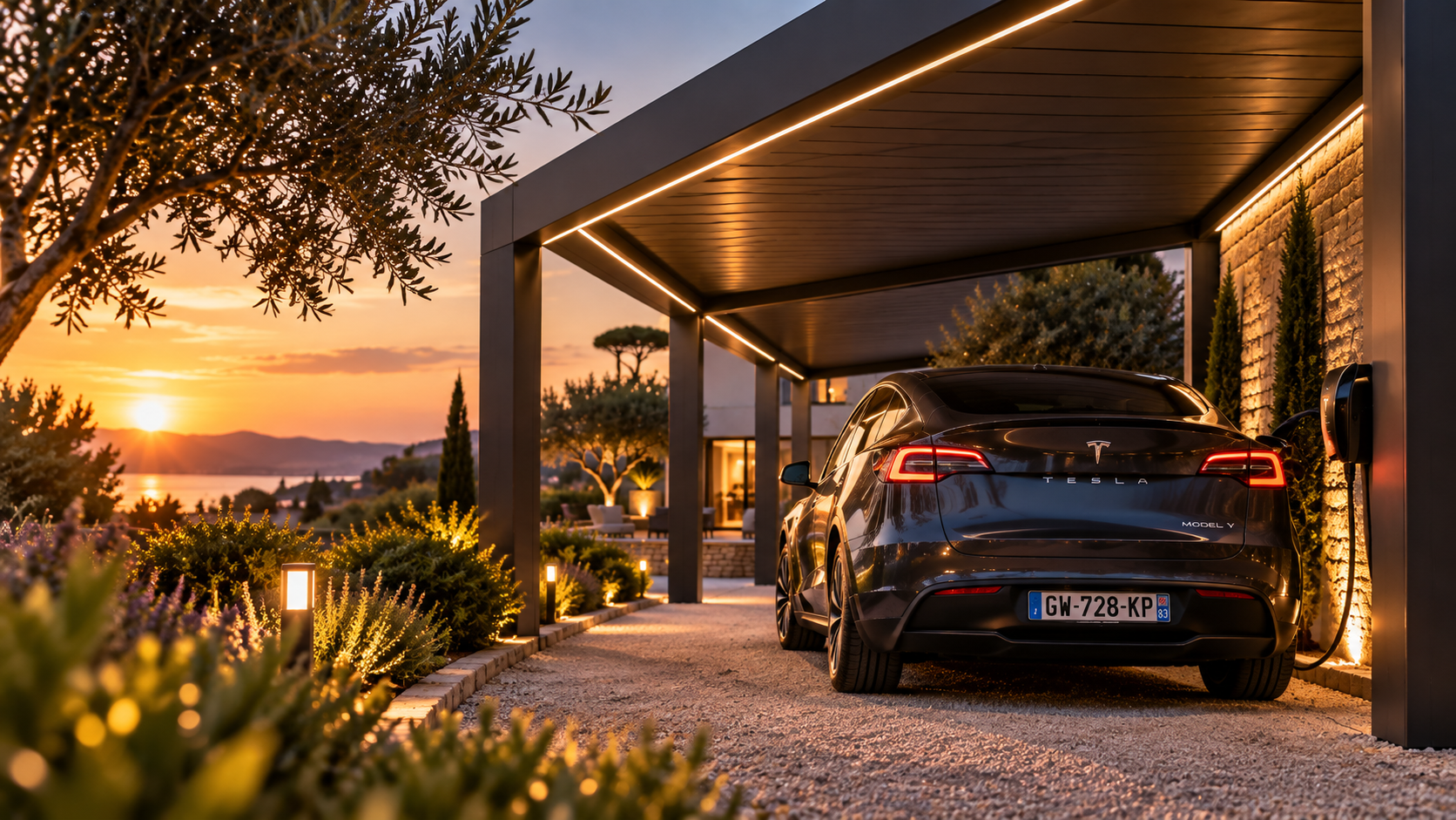 Voiture stationnée sous un carport aluminium dans un jardin