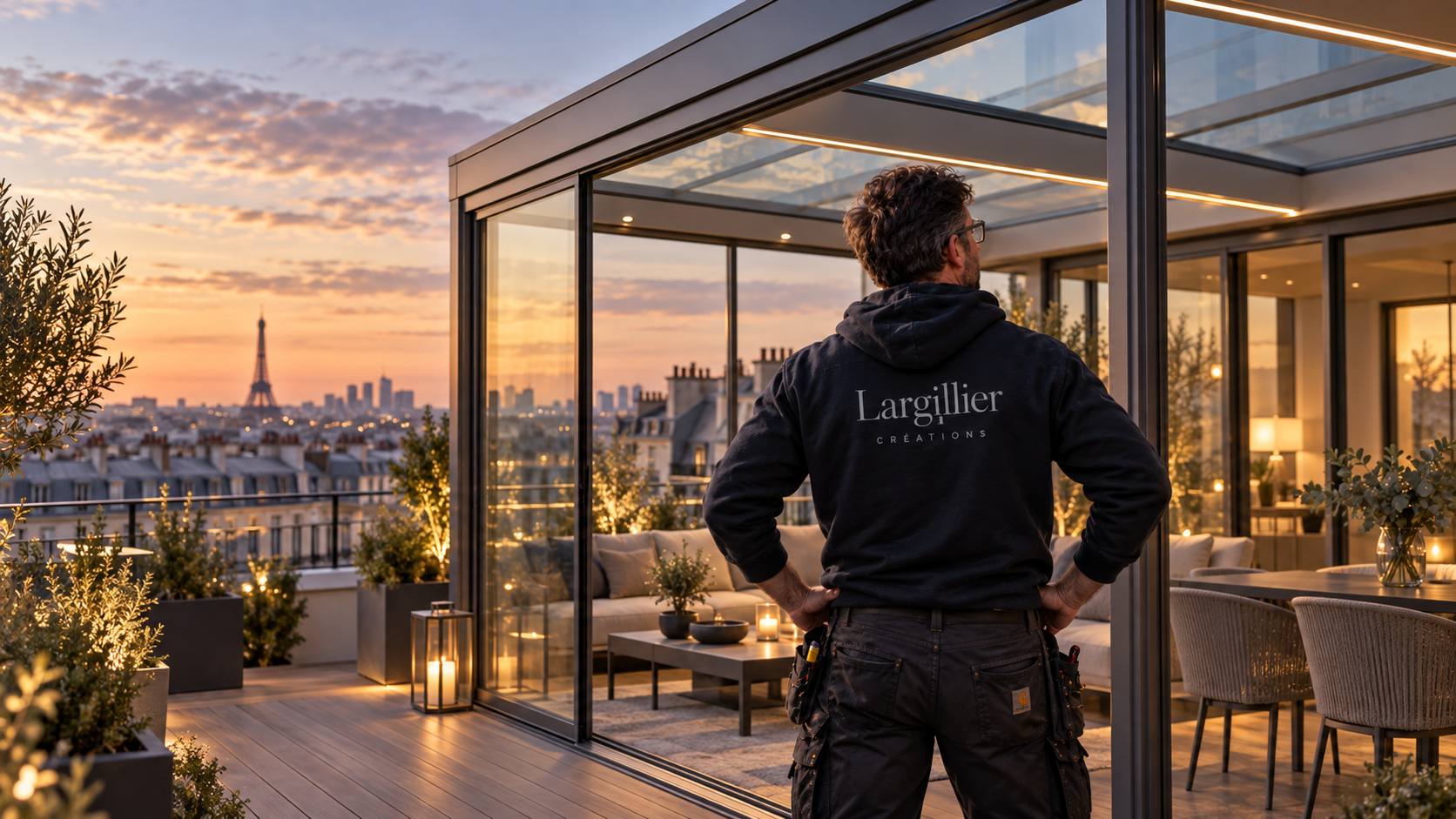 Véranda aluminium sur terrasse parisienne au coucher du soleil