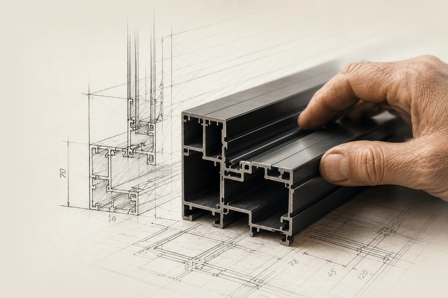 Profilé aluminium et plan technique, détail de fabrication